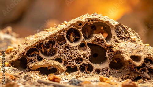 close-up termite mound interior with intricate tunnel structure and warm lighting