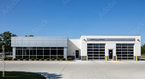 Modern auto service center building contemporary architecture with glass garage doors and large windows exterior view for automotive business concepts