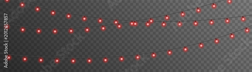 Glowing red fairy Christmas garland strings isolated on transparent background. Vector New Year party LED lamps for wedding, birthday, and winter holiday season event decoration element.