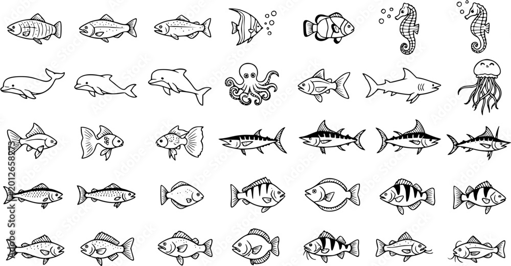 Fototapeta premium Black and White Line Art of Various Sea Creatures and Fish