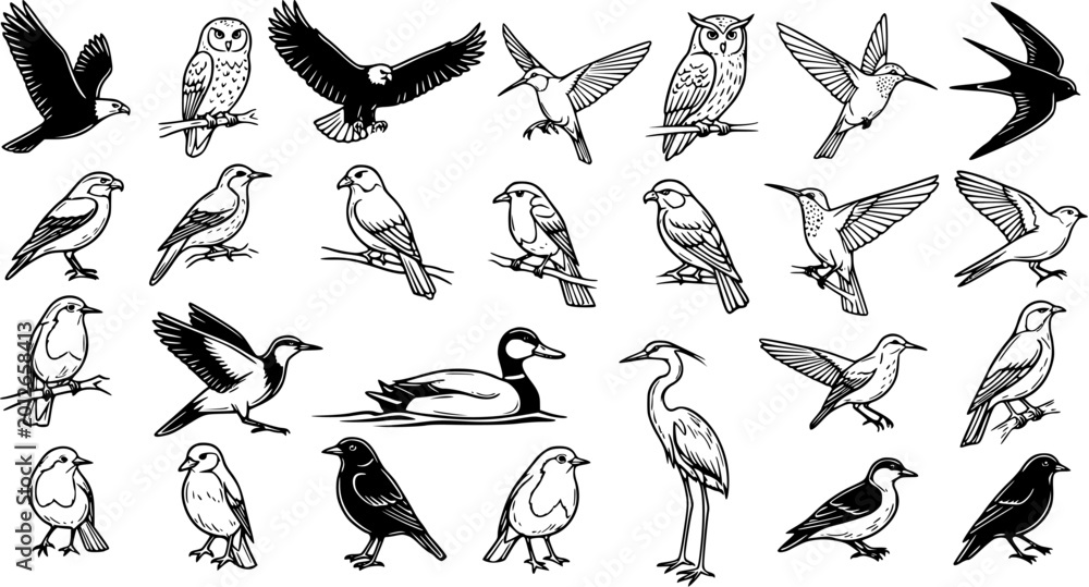 Obraz premium Diverse Collection of Black and White Line Art Birds on White Background - Vector Illustrations