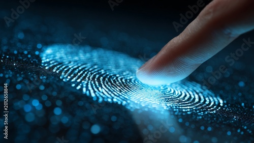 Close-up of a finger touching a glowing blue digital fingerprint scanner on a dark background