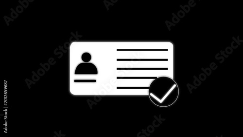 Animation of id card icon with check mark. Alpha channel, transparent background. Colorful ID Card Icon Animation. ID card on color screen. National id, card, voter id. identity document sign animatio