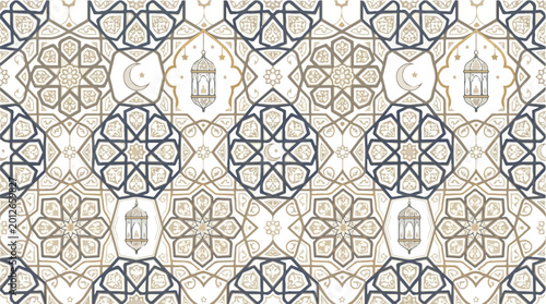 Islamic Geometric Pattern Background with Traditional Lanterns and Crescent Moons.