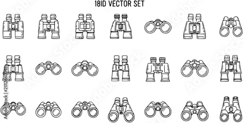 Foto Black and White Line Art Vector Set of Binoculars Icons, Various Views