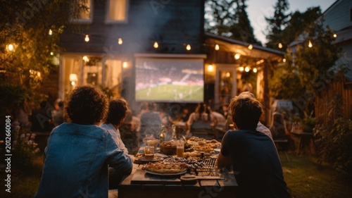 Friends gather for an outdoor movie night with projector screen and food spread