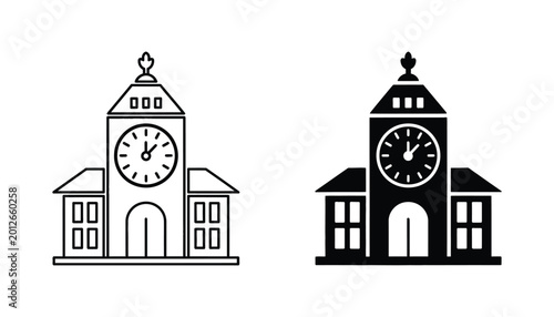 School building with clock tower icon in line art and solid black style