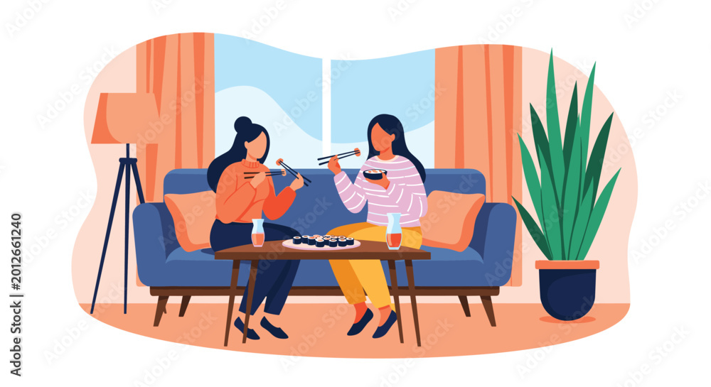 Fototapeta premium Two young women sit comfortably on a blue sofa while enjoying a sushi meal together at home, showcasing friendship and casual social dining habits.