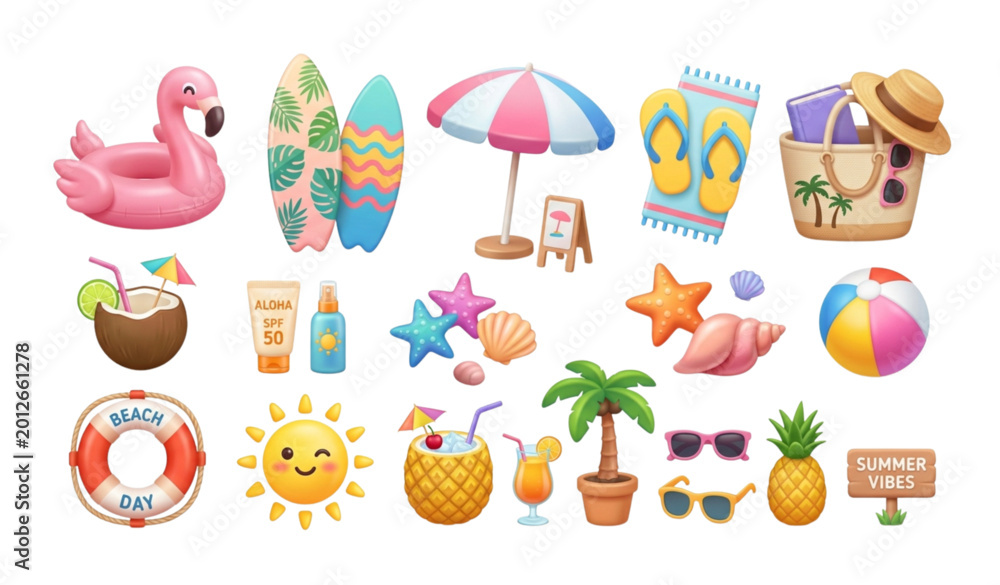Fototapeta premium Cute Summer Vacation 3D Objects Set with Beach Accessories and Tropical Elements Vector Illustration