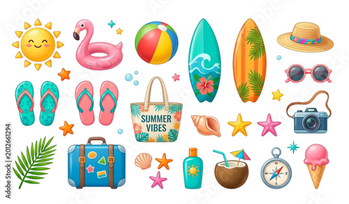Photos Summer Beach 3D Clipart Collection with Floaters Surfboard Sun and Travel Access