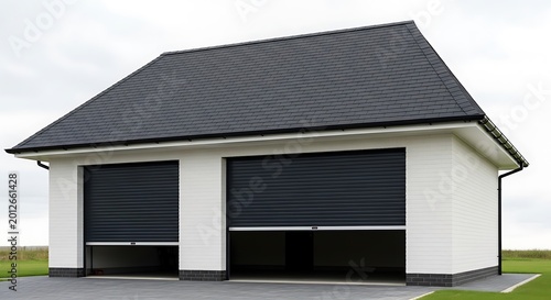 Modern garage with two dark roller doors contemporary architecture for vehicle storage and home security exterior view on a cloudy day