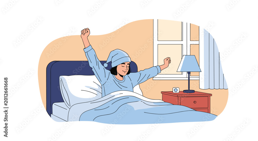 Obraz premium Young woman waking up in the morning and stretching her arms while sitting in bed in a bright and sunny bedroom environment.