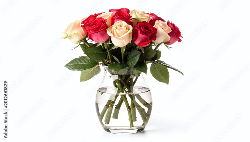 Obraz premium Vibrant Red and Cream Rose Bouquet in Clear Glass Vase Isolated on White