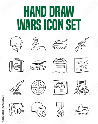 Hand drawn war icon set with military equipment, soldiers, tanks, weapons, and tactical symbols in doodle sketch style. Vector illustration for army, defense, and combat concepts