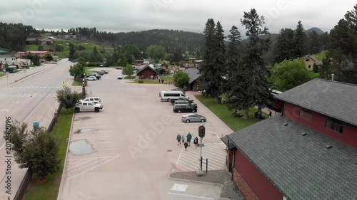 HILL CITY, SD - JULY 2019: Aerial view of city train station. The train connects  the city with Keystone. Slow motion