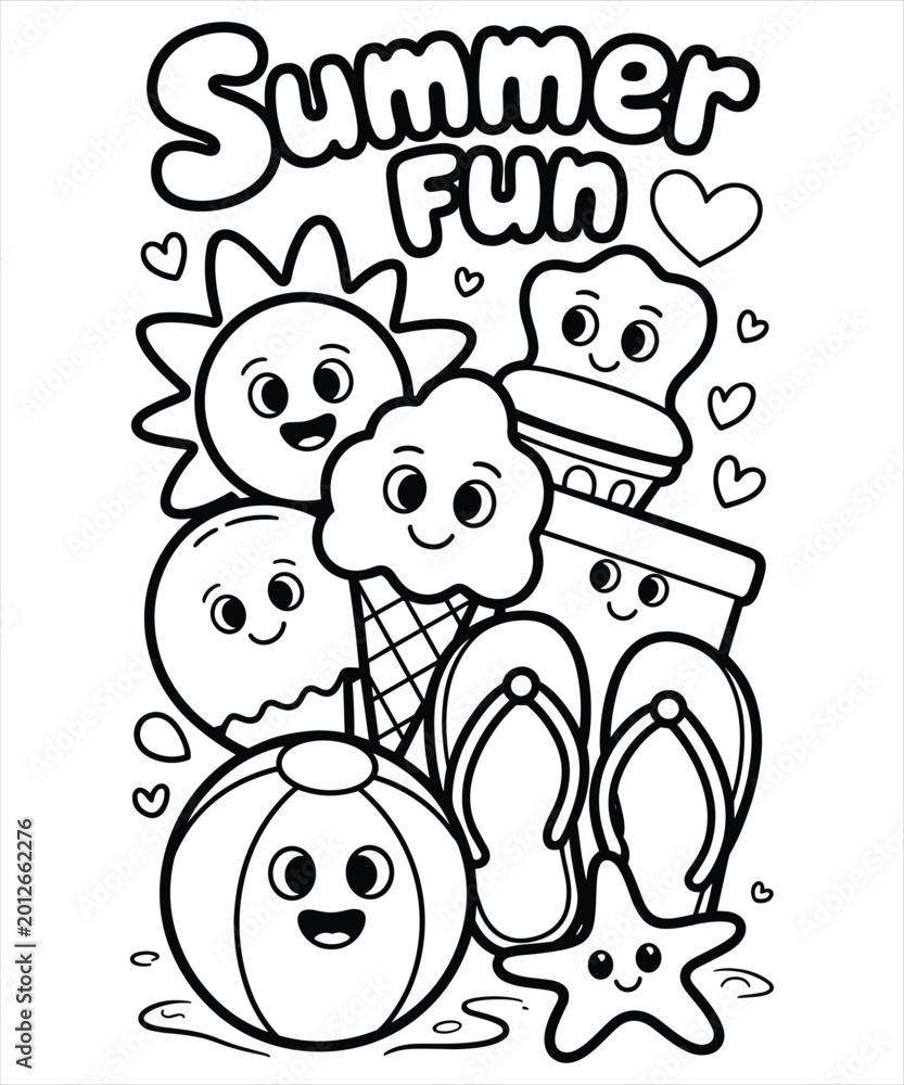 Fototapeta premium Summer fun coloring page with cute cartoon sun, ice cream, beach ball, and flip flops