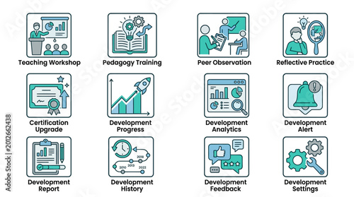 A collection of twelve teal and white line icons depicting various educational development and training concepts, including teaching workshop, pedagogy training, and development planning.