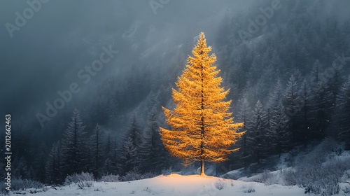 Illuminated conifer against a snow-covered alpine landscape in winter