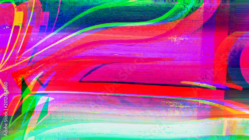 Photos Neon glitch texture with chromatic aberration and scanline distortion on dark background