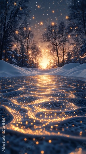 Enchanted winter pathway with golden celestial glow illuminating snowy vista
