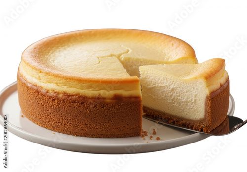 A whole round cheesecake with a golden brown crust on a white plate, with a single slice being lifted by a metal cake server, black background