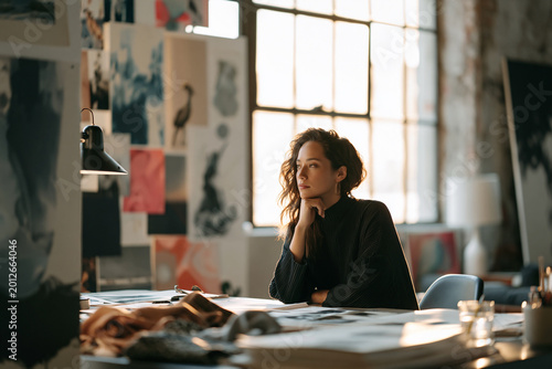 visionary designer working in sunlit atelier, creative director in industrial loft studio, modern designer surrounded by sketches and moodboards