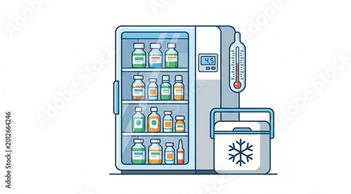 Schilderij op canvas Medical cold storage icons vector grid with refrigerator thermometer and cooler