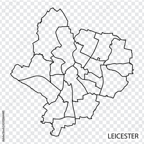 High Quality map of Leicester is a city of England, with borders of the districts. Map of Leicester for your web site design, app, UI. UK. EPS10.