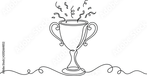 Minimalist continuous line drawing of trophy cup with celebratory confetti for success and achievement design projects