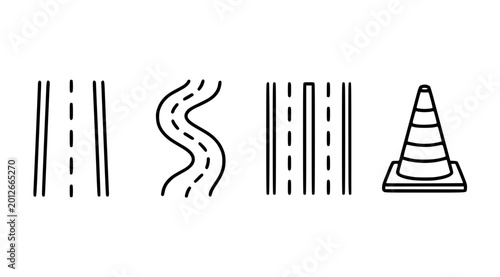 Foto Road line art icon set vector with straight winding roads and traffic cone