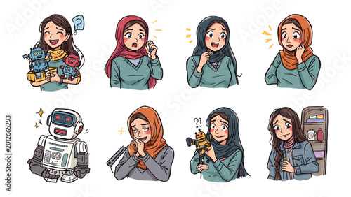 Fotografía Diverse Expressions: A collage of emotive illustrations showcases a series of individual character expressions, capturing various emotions with expressive gestures and visual cues