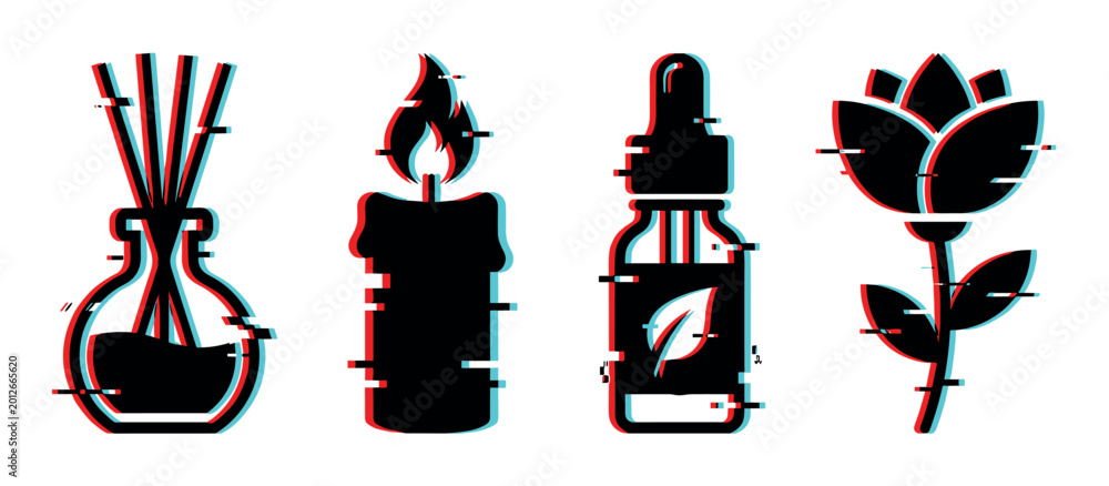 Fototapeta premium Diffuser sticks candle essential oil dropper bottle flower icons with glitch effect, vector illustration set