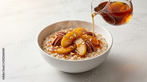 Warm oatmeal with caramelized apples, pecans, and maple syrup on a marble surface.
