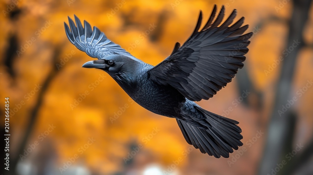 Fototapeta premium Majestic raven in flight against a backdrop of autumnal colors