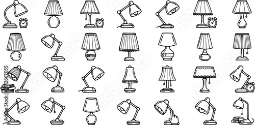 Foto Black and White Line Art Doodle Collection of Home and Office Lamps