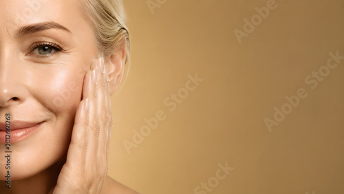 Anti-aging success result, close-up of mature woman with firm lifted cheek and smooth skin after retinol treatment, luxury beauty advertising with massive copy space