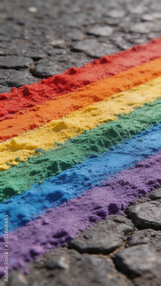 Fototapeta premium A vibrant rainbow-colored powder drawn on a cracked asphalt road surface, symbolizing love, acceptance, and equality.