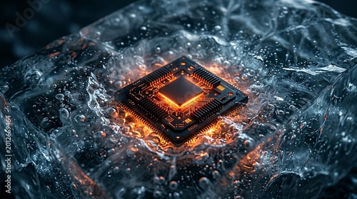 Concept of AI energy consumption and climate impact featuring glowing hot microchip melting glacial ice block for data center cooling and Green AI awareness