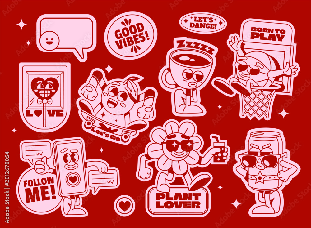 Fototapeta premium Cute Cartoon Sticker Set with Fun Characters and Lifestyle Quotes