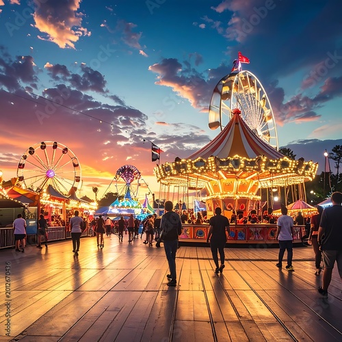 Vibrant evening at the amusement park.