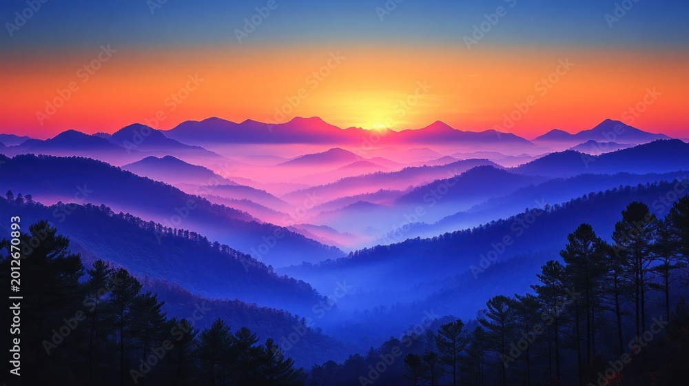Obraz premium Dramatic sunset illuminating mountain range with layered fog effect
