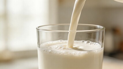 A refreshing glass of cow milk being poured in a kitchen with natural light shining through a window, creating a warm and inviting atmosphere.