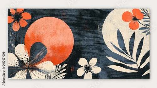 Abstract Floral Composition with Geometric Shapes and Dark Textures