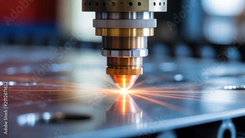 Industrial laser cutting machine in operation on metal sheet