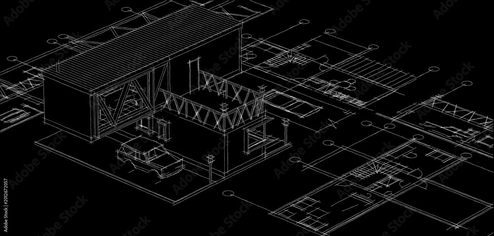 Fototapeta premium house plan sketch 3d illustration