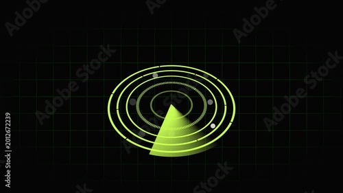 Radar display animation with targets and grid. Radar display green sweeping sector. Radar display technology tracking graphic on black background.