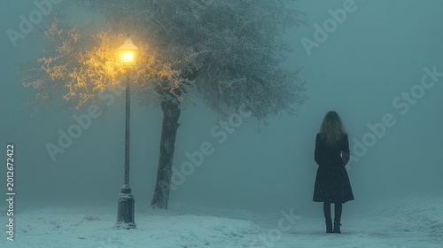 A Solitary Figure Under a Winter Sky, Bathed in the Gentle Glow of a Street Lamp, Offering a Moment of Peaceful Reflection