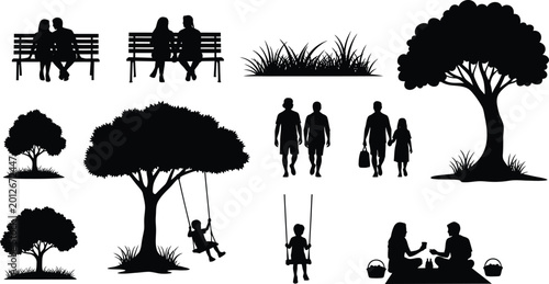 Park activity silhouettes set featuring people on benches trees children on swings and picnic scenes for outdoor leisure vector design
