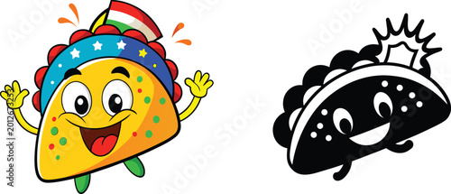 Tableau sur toile Colorful cartoon taco and silhouette character duo celebrating fiesta