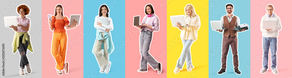 © Pixel-Shot - Set of different people with laptops on color background © Pixel-Shot - Set of different people with laptops on color background
